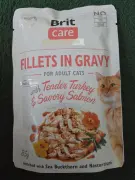 Brit Care Cat Fillets in Gravy with Tender Turkey & Savory Salmon, krůtí a lososové filety v omáčce, kapsička, 85 g