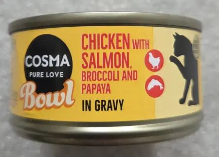 Cosma Bowl Chicken with Salmon, Broccoli and Papaya in Gravy, kuře s lososem, brokolicí a papájou v omáčce, konzerva, 80 g