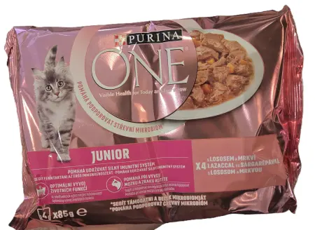 Purina ONE Junior s lososem a mrkví, pro koťata, kapsičky, 4× 85 g