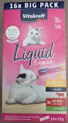 Vitakraft Liquid Snack Big Pack s kuřetem a taurinem a s hovězím a kočičí trávou, krémová svačinka, pamlsek, 16× 15 g