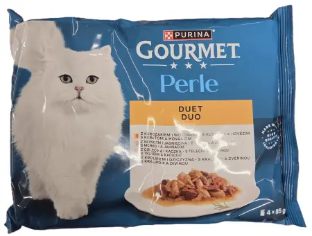 GOURMET Perle DUO multipack kuře a hovězí, krůta a jehněčí, telecí a kachna, králík a zvěřina, kapsičky, 4× 85 g