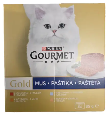 GOURMET GOLD multipack paštiky s hovězím, játry, tuňákem a krůtou, konzervy, 8× 85 g