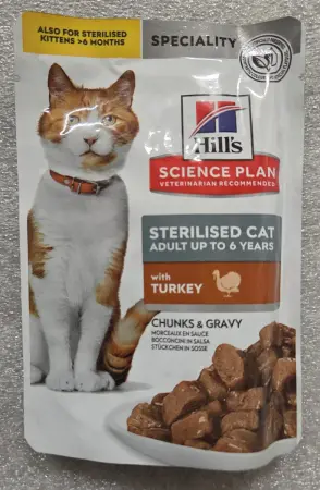 Hill's Science Plan Sterilised Cat Adult with Turkey Chunks & Gravy, krůtí kousky v omáčce pro kastrované, kapsička, 85 g